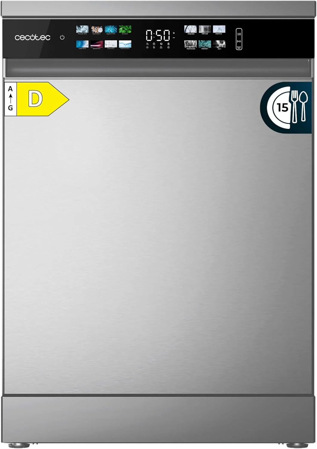 Cecotec Zmywarka do zabudowy Bolero Aguazero 6210 Inox D. 60 cm, 15 koców, klasa D, Display Color, trzecia taca, 14 programów, podwójna strefa, elektroniczny Aquastop, regulowana taca, AutoClean
