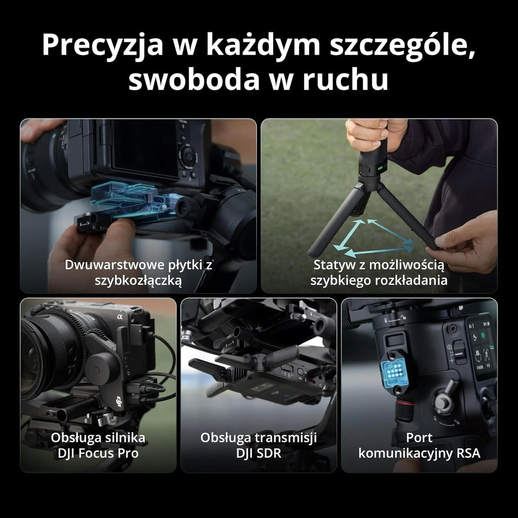 DJI RS 5, stabilizator gimbala do kamer Canon, Sony, Panasonic, Nikon, Fujifilm, przyciski precyzyjnego strojenia, automatyczne blokady osi 2. generacji, statyw do szybkiego otwierania, wyświetlacz