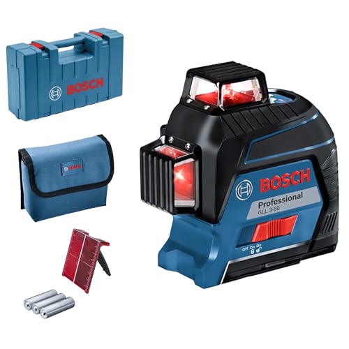 Bosch Professional Laser liniowy GLL 3-80 (czerwona wiązka, do pracy w pomieszczeniach, zasięg pracy: do 30 m, 4 baterie AA, walizka)