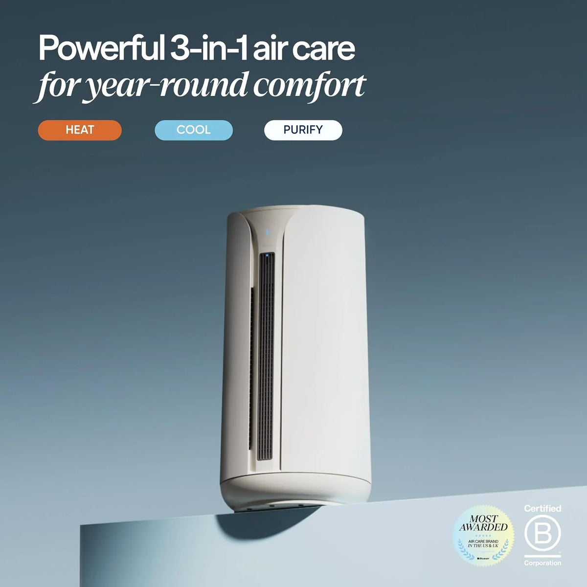 BLUEAIR ComfortPure T10i, potężna 3‑w‑1 pielęgnacja powietrza na cały rok: chłodzi, ogrzewa i oczyszcza. HEPASilent do domu, zwierząt, alergii, kurzu, dymu, zapachów. Oczyszcza 78 m² w 60 min