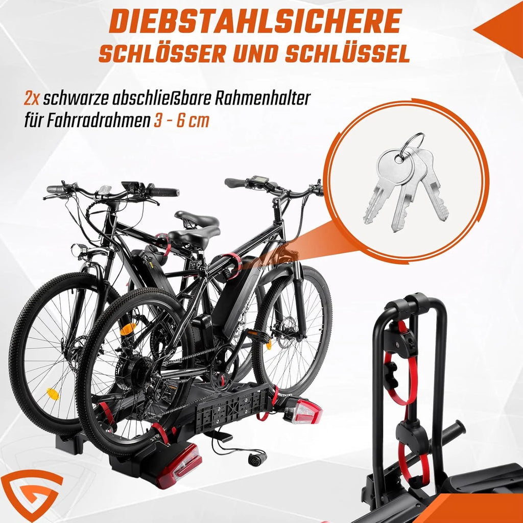 Bagażnik rowerowy na hak holowniczy na 2 rowery odpowiedni dla e-bike'ów z szybkim zapięciem, składany i wstępnie zmontowany, z kołami i uchwytami