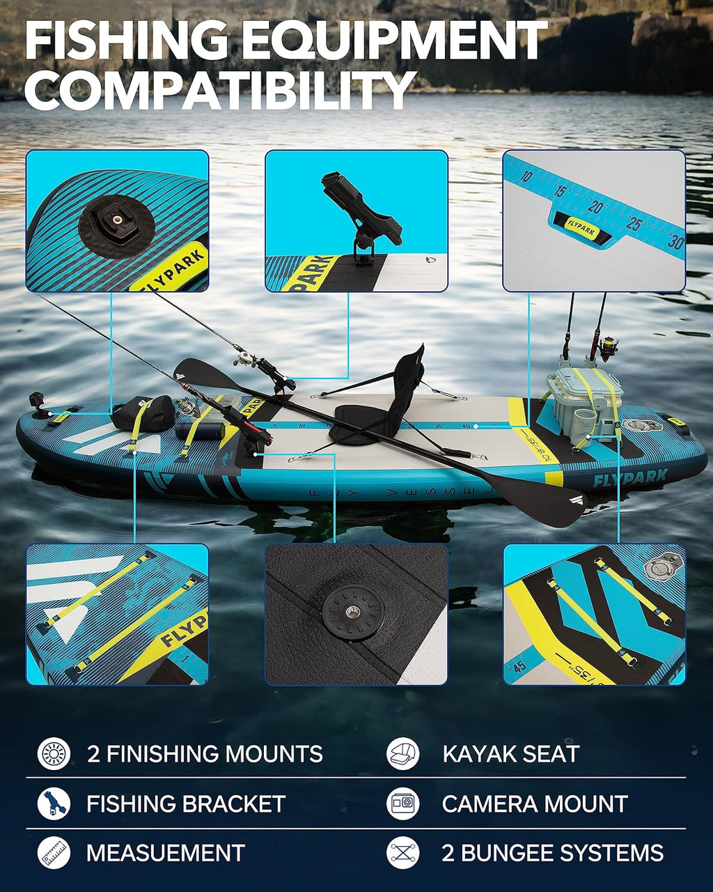 Flypark 10'8/11'x35'' wędkarstwo i rodzinne stabilne nadmuchiwane deski wiosłowe, bardzo szerokie nadmuchiwane deski SUP, łożysko 195 kg, deska do wiosłowania stojącego, uchwyt na aparat, pasek na