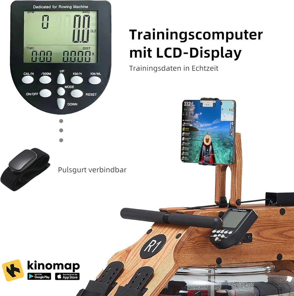 R1 | Wioślarz wodny do domu z drewna litego (jesion) | Maszyna do wiosłowania z komputerem treningowym (kompatybilny z Kinomap) i uchwytem na tablet