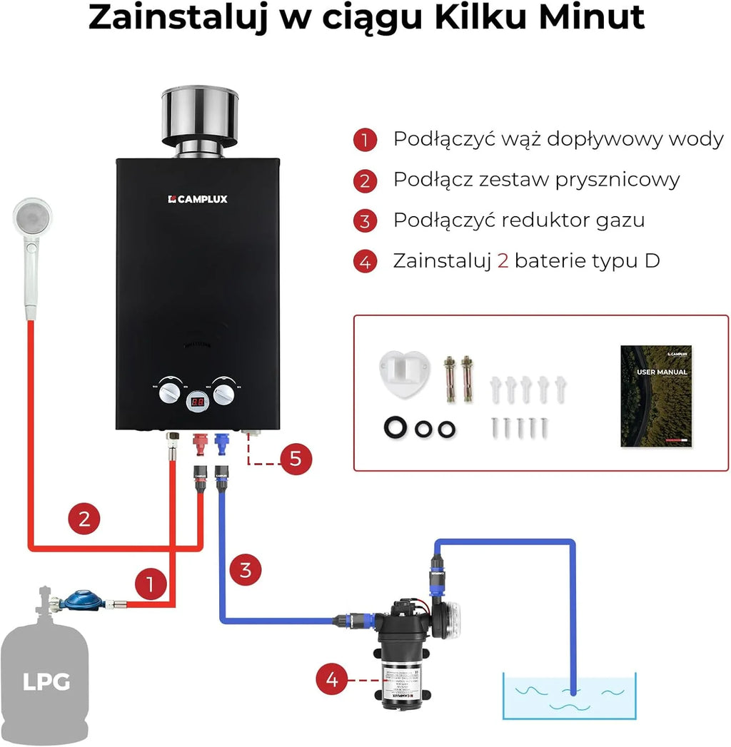 CAMPLUX 10 litrów gazowy podgrzewacz wody z pompą wodną BW264BCP120-DE, bezzbiornikowy zewnętrzny prysznic gazowy do mycia koni/kemping/podróży RV, 50mbar, LPG