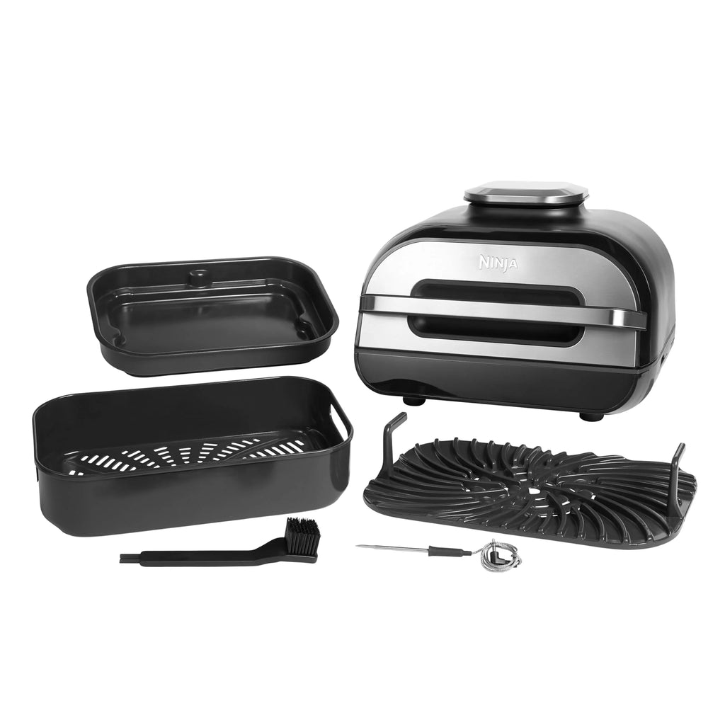 Ninja Foodi MAX PRO Grill, płaska płyta i frytkownica beztluszczowa z cyfrową sondą kuchenną i termometrem, 3,8 l, 7 funkcji gotowania w 1, części można myć w zmywarce, srebrno/czarny, AG651EU