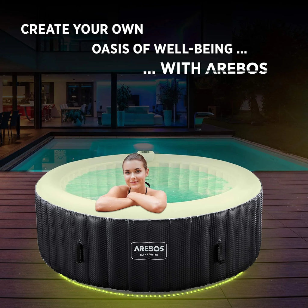 Arebos Nadmuchiwane Spa | Automatyczny nadmuchiwany | do wnętrz i na zewnątrz | 208 cm | 6 osób | Listwa świetlna LED | 130 dysz masujących | 1000 litrów | z pokrywką | Spa i dobre samopoczucie