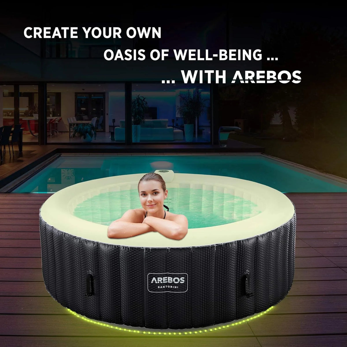 Arebos Nadmuchiwane Spa | Automatyczny nadmuchiwany | do wnętrz i na zewnątrz | 208 cm | 6 osób | Listwa świetlna LED | 130 dysz masujących | 1000 litrów | z pokrywką | Spa i dobre samopoczucie