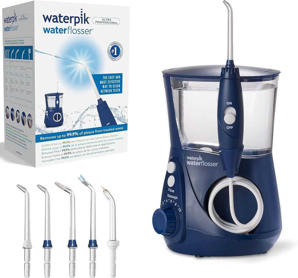 Waterpik Irygator Ultra Professional, 6 Końcówek, Zaawansowana Kontrola Ciśnienia z 10 Trybami, Usuwanie Płytki Nazębnej, Kolor Azul, 650 ml (WP-662EU)