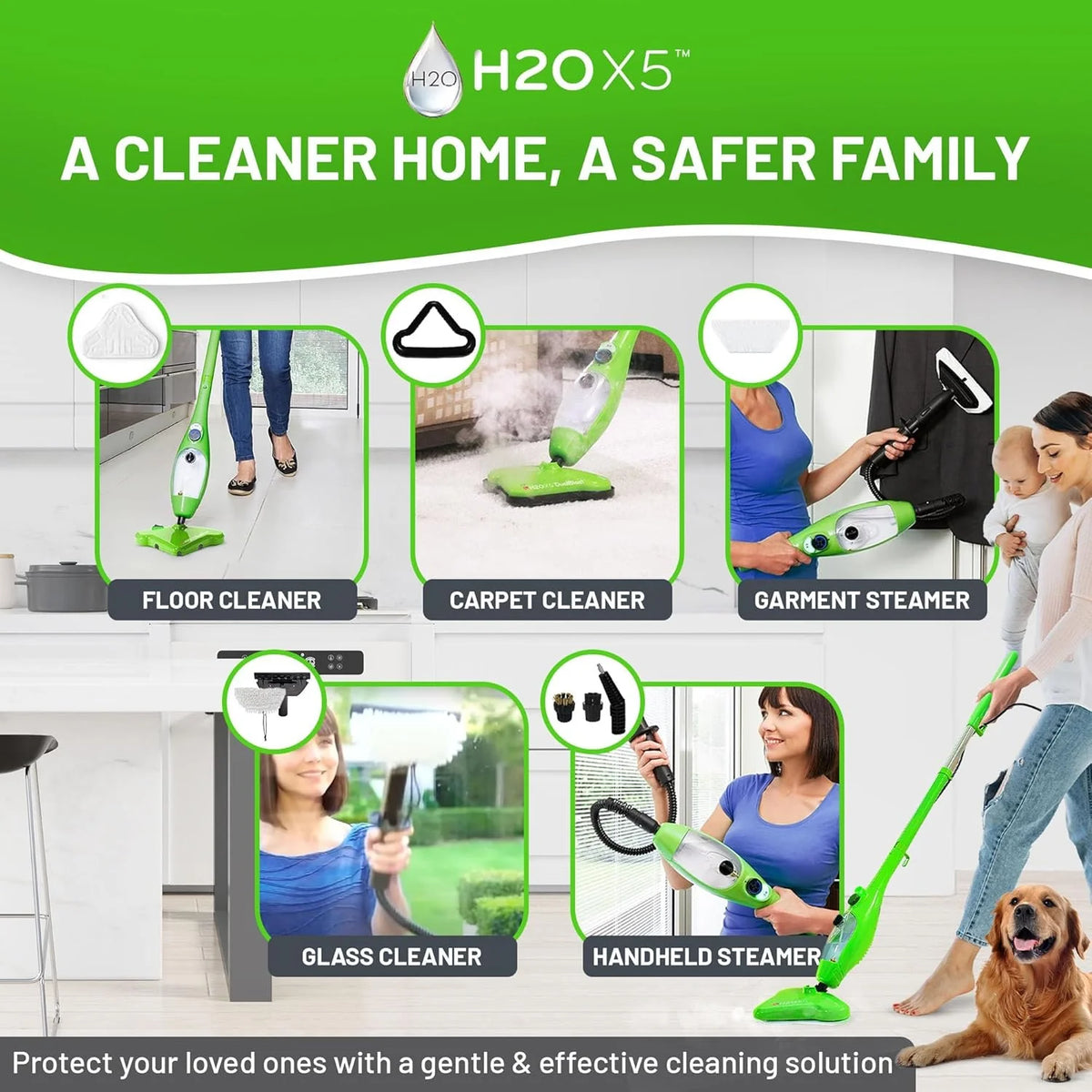 H2O X5 Mop parowy i ręczny odkurzacz parowy | parowar podłogowy 5 w 1 | środek do czyszczenia twardego drewna, płytek i laminatów | w zestawie szybowiec dywanowy | nasadki do fug, okien i odzieży