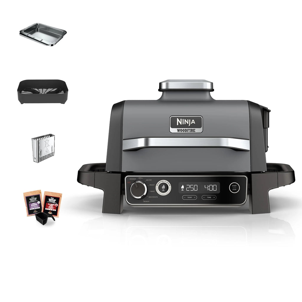 Ninja Woodfire Pro Connect XL Grill elektryczny, wędzarnia i frytkownica 7 w 1, sterowany za pomocą aplikacji, termometr cyfrowy z sondą, opalany pelletem drzewnym, wodoodporny, czarny, OG901EU