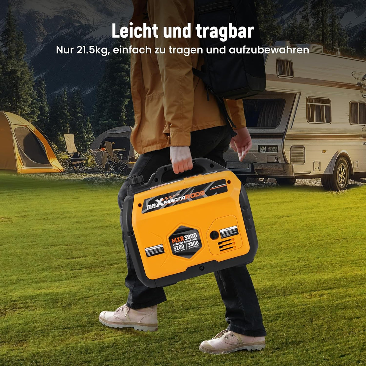 maXpeedingrods Inwerterowy generator prądu 3500 W, lekki i mobilny agregat prądotwórczy na benzynę, tryb ECO z 2 x 230 V / 2 x USB / 1 x 12 V DC gniazda wtykowe na kemping, festiwale, podróże
