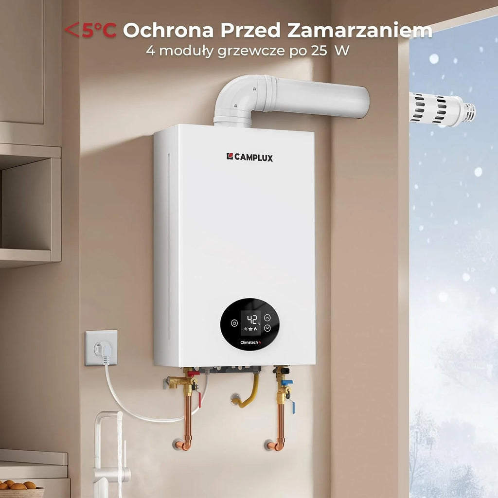 CAMPLUX Climitech 4 Gazowy Podgrzewacz Wody 12-litrowy, LPG, 28-50 mbar, do Łazienka/Kuchni/Balkonu, GX318LP
