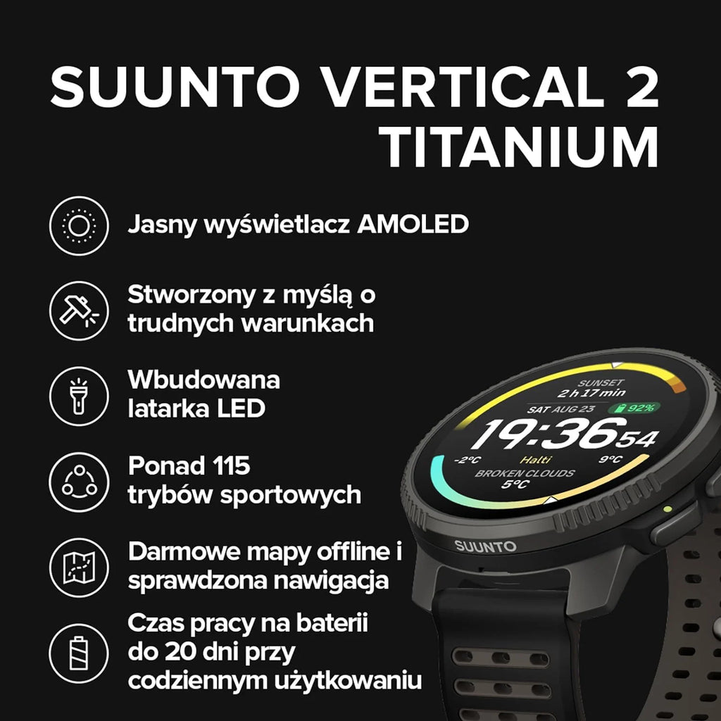 SUUNTO Vertical 2 Zegarek sportowy GPS, jasny 1,5-calowy ekran dotykowy AMOLED, latarka LED, 20-dniowy czas pracy baterii, mapy offline, wskaźniki treningowe i informacje o regeneracji, podwójny GNSS