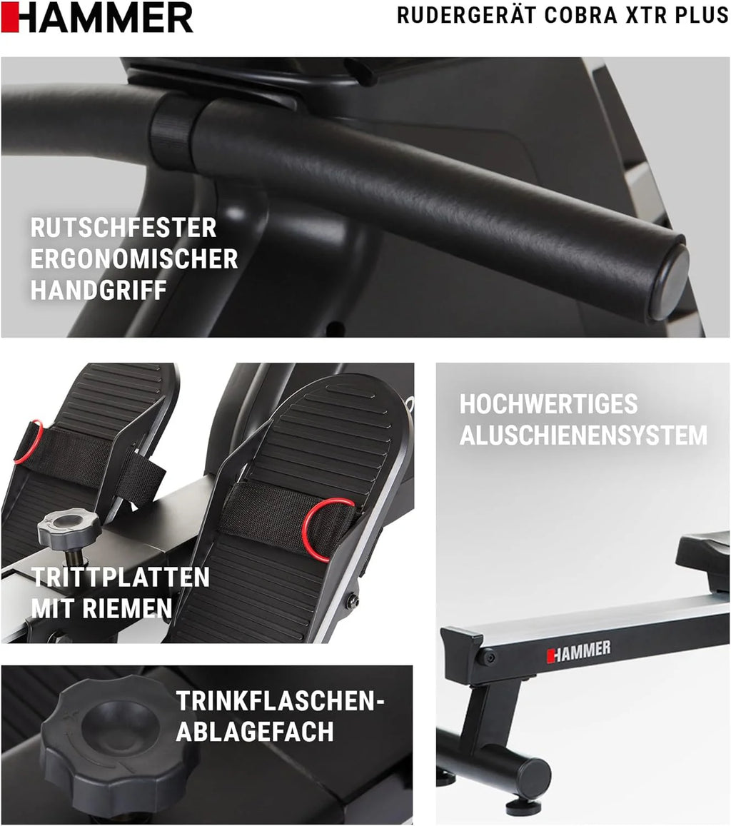 HAMMER Wioślarz Cobra XTR Plus II do domu – wioślarz z innowacyjnym komputerem treningowym, uchwytem na smartfon/tablet, do 130 kg wagi użytkownika, 232 x 55 x 75 cm, kolor czarny, 4532