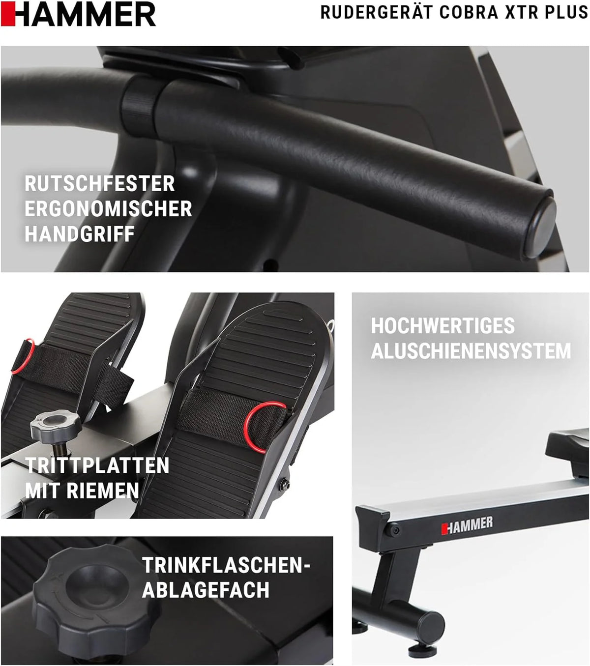HAMMER Wioślarz Cobra XTR Plus II do domu – wioślarz z innowacyjnym komputerem treningowym, uchwytem na smartfon/tablet, do 130 kg wagi użytkownika, 232 x 55 x 75 cm, kolor czarny, 4532