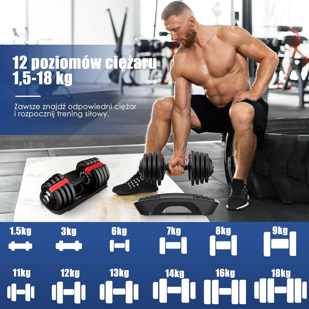 DH FitLife 18kg/24 kg Regulowane hantle z podstawą do przechowywania – zestaw hantli z płytami wagowymi, regulowane krótkie hantle oszczędzające miejsce, zmienne ciężary 12 w 1