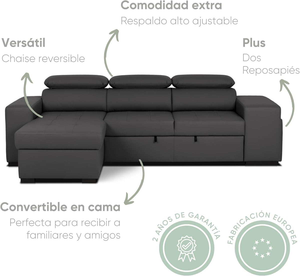 Sofa narożna BUDWING John 4-osobowa z funkcją spania – rozkładana leżanka, regulowany zagłówek i 2 pufy – tapicerowana poliuretanem – styl nowoczesny – 263 x 161 x 96 cm – kolor czarny