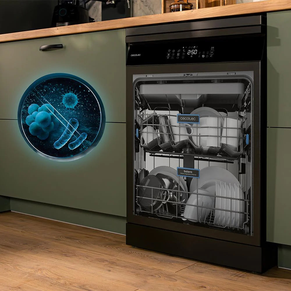 Cecotec Zmywarka 60 cm Bolero Aguazero 6800 Dark A. 14 sztućców, niskie zużycie energii, silnik inwerterowy Plus Duo, 8 programów, mycie automatyczne, czyszczenie parowe, czyszczenie wewnątrz i