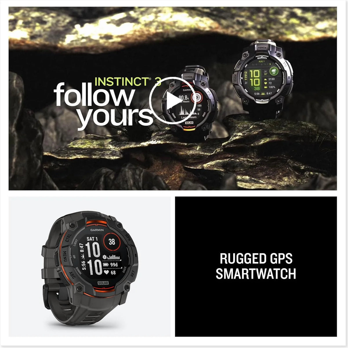 Garmin Instinct 3 SOLAR Wytrzymały Smartwatch GPS, 45 mm, Wbudowane Aplikacje Sportowe i Zdrowotne, Latarka LED, 10ATM, Sunburst