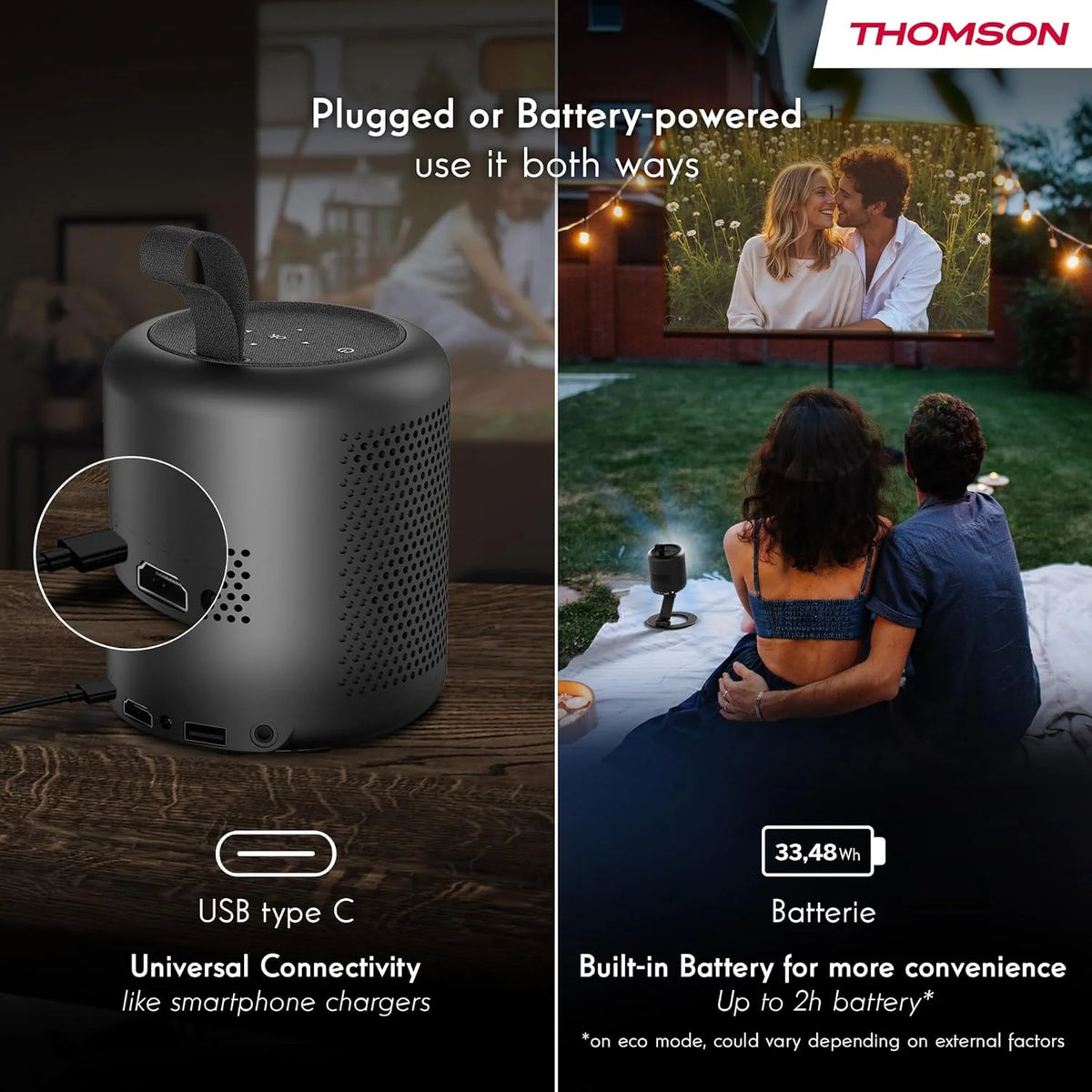 Thomson Sirius PG55B Inteligentny Projektor Laserowy RGB, Bardzo Krótki Rzut, Full HD 1080p, Google TV, 600 ANSI, Autofocus, HDR10+, Dolby Digital+, Bateria, WiFi, Bluetooth
