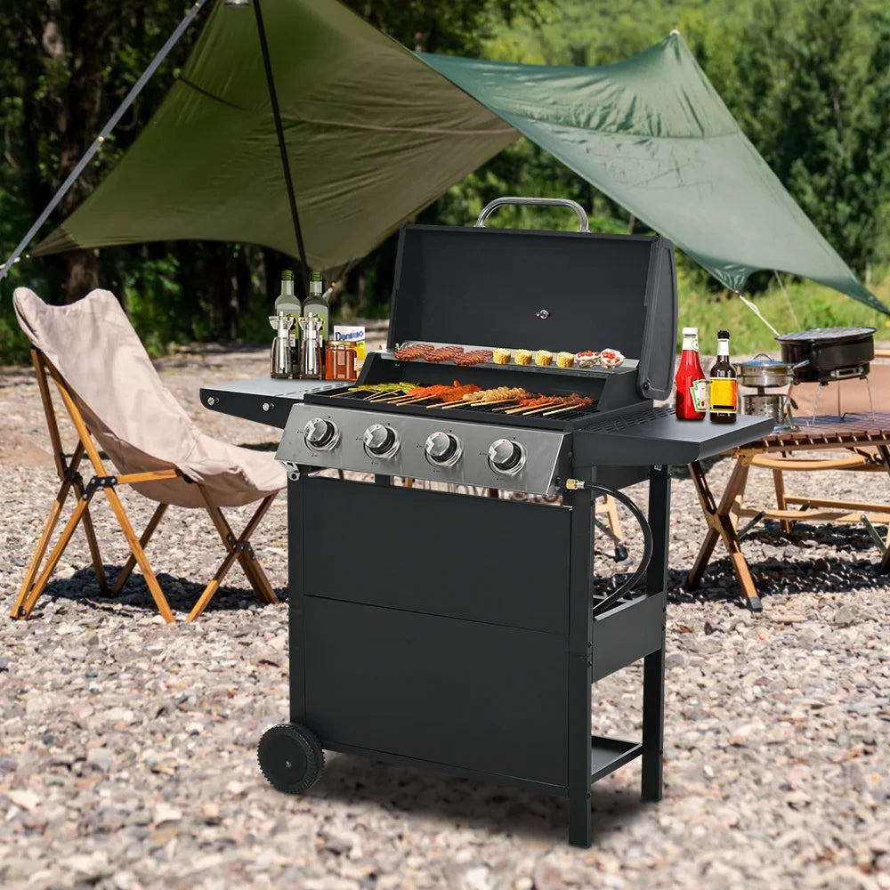 Grill gazowy SEGMART 2026 ze stali nierdzewnej z 4 palnikami – 34 200 BTU, do ogrodu/na taras z dwiema składanymi półkami i termometrem, idealny na kemping i do gotowania na świeżym powietrzu