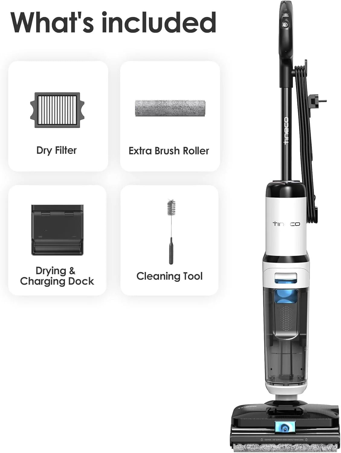 Tineco Odkurzacz parowy FLOOR ONE S6 Stretch Steam, czyszczenie parowe w wysokiej temperaturze 160 ℃, płaska pozycja 180°, automatyczne czyszczenie FlashDry, kabel o długości 8,3 m