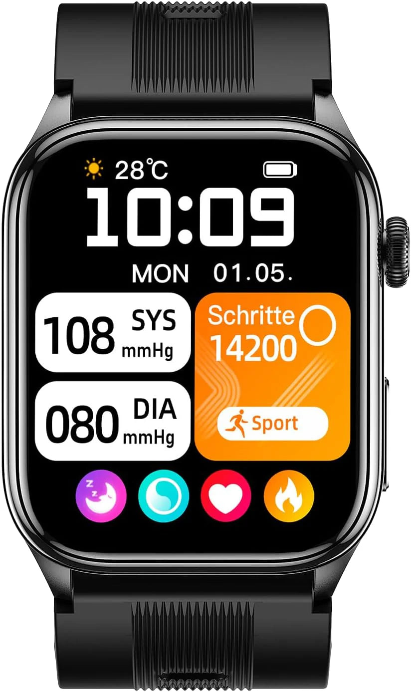 Knauermann PRO 4 Air (2026) Smartwatch i tracker fitness dla kobiet i mężczyzn, AMOLED zawsze włączony, IP66, Bluetooth 5.3, bateria do 25 dni, Android i iOS, czarny, kwadratowy, silikonowy pasek