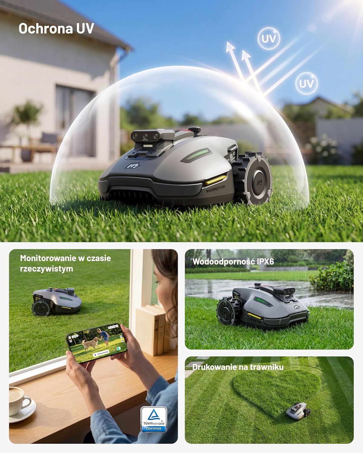 Mammotion YUKA 2000 Kosiarka Automatyczna z zamiatarką, Zalecane 2000 m², maks.2400 m²,i Nachyleniu 45%, UltraSense AI Vision do Auto-Mapowania Wysokość Koszenia 20-90mm Szerokość Koszenia 320mm