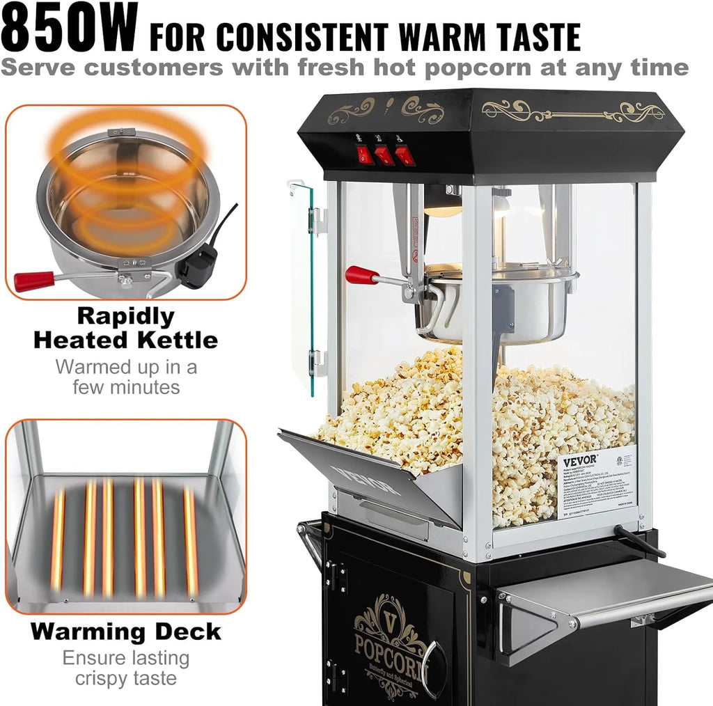 VEVOR Maszyna do popcornu z wózkiem, 850 W, czajnik na 48 filiżanek na jedno ładowanie, maszyna do popcornu z hartowanego szkła, w zestawie 4 łopatki, styl kinowy, restauracja, kolor czarny