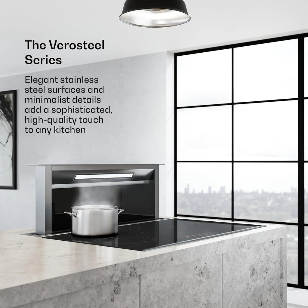 Klarstein Verosteel Downdraft okap kuchenny 90 cm – klasa energetyczna A++, zwiększenie wydajności 906,2 m³/h, obsługa dotykowa, LED, aluminium i szkło, filtr do zmywarki, cichy okap kuchenny