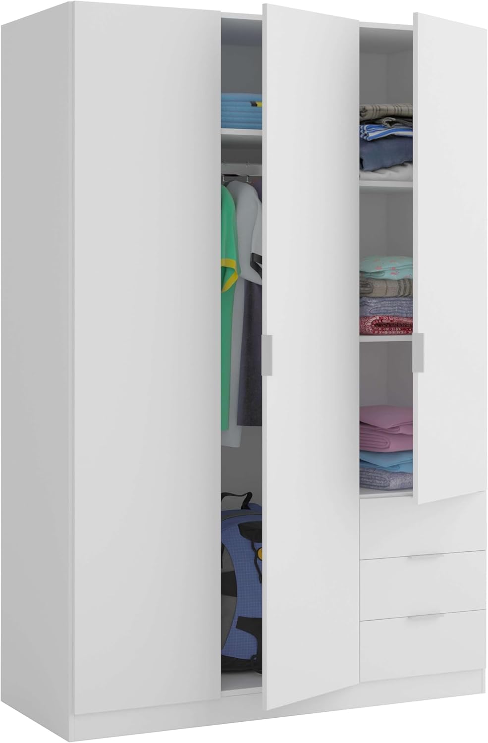 Szafa ubraniowa Habitdesign z trzema drzwiami i trzema szufladami, wykończenie w kolorze Artic White, wymiary: 121 cm (szer.) x 180 cm (wys.) x 52 cm (gł.)