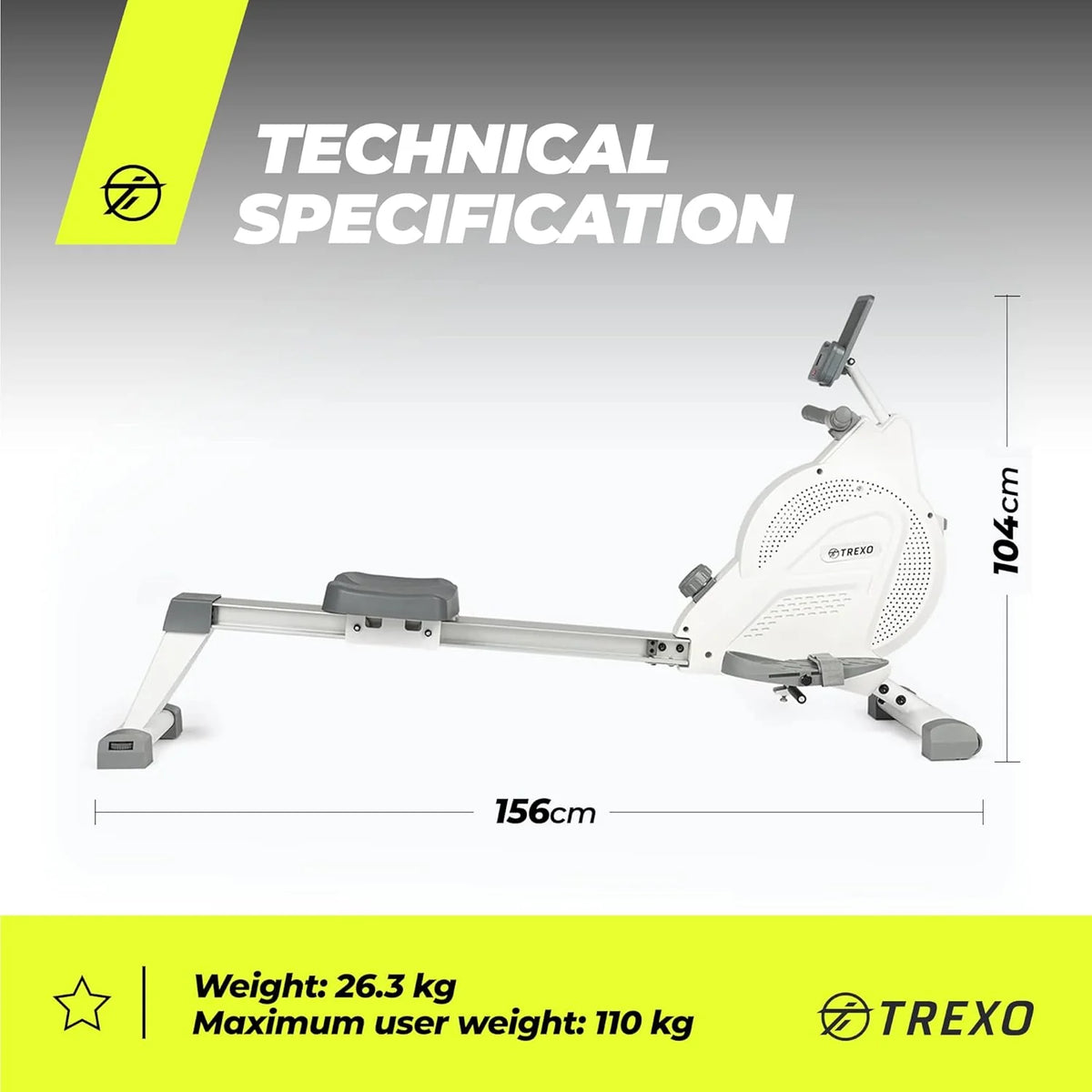 TREXO Wioślarz z magnetycznym systemem oporu 1-16, koło zamachowe 3,5 kg, wskaźnik wagi, stabilna konstrukcja, ergometr, trener wioślarski I RM100