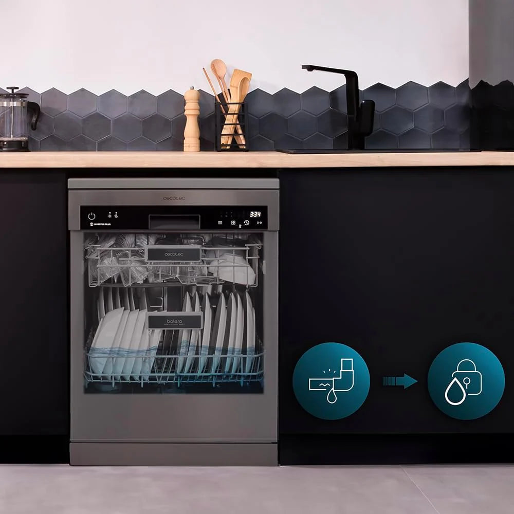 Cecotec Zmywarka 60cm Wolnostojący Bolero Aguazero 6500 Inox C. 15 sztućców, 3. Taca, 6 Programów z Dual Zone Wash, Dry+, Auto Open, Średnie obciążenie, Odroczony start, Silnik Inverter Plus