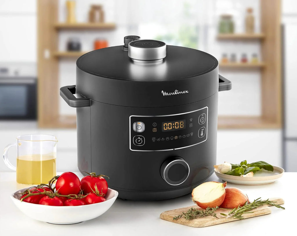 Moulinex Turbo Cuisine & Fry CE7788-2 w 1: elektryczny szybkowar i frytkownica powietrzna do 1450 W, nieprzywierająca miska sferyczna, 15 programów automatycznych, timer, akcesoria, czarny
