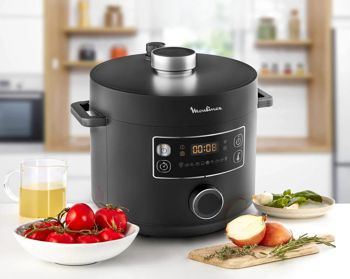 Moulinex Turbo Cuisine & Fry CE7788-2 w 1: elektryczny szybkowar i frytkownica powietrzna do 1450 W, nieprzywierająca miska sferyczna, 15 programów automatycznych, timer, akcesoria, czarny