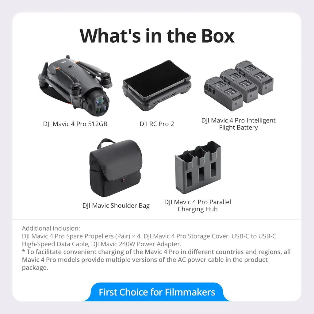 DJI Mavic 4 Pro 512 GB Creator Combo z DJI RC Pro 2, flagowy dron trójkamerowy z kamerą Hasselblad CMOS 100 MP 4/3, maksymalny czas lotu 51 minut, trzema bateriami, koncentratorem ładowania i nie