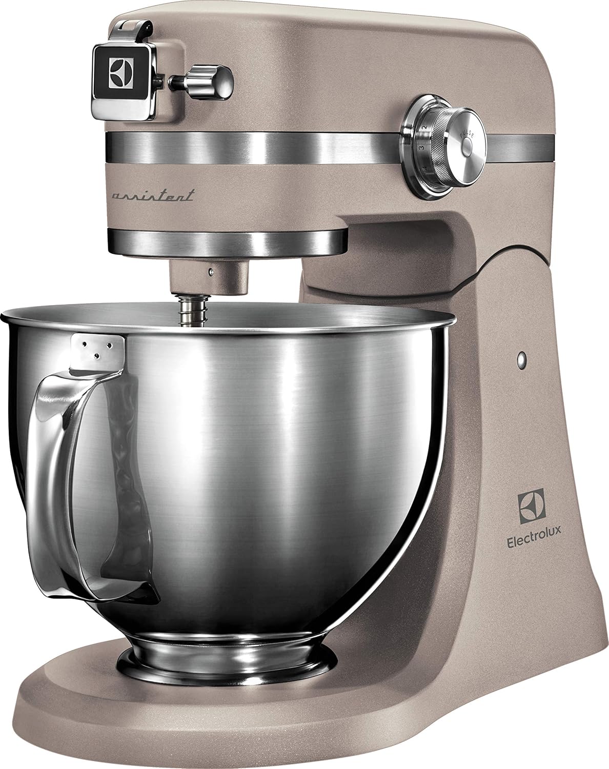 Electrolux Robot Kuchenny 1200 W, 10 prędkości + f. pulsacyjna, Oświetlenie LED misy, 2 misy o pojemności 4,8l i 2,9l, W Zestawie: Hak, Trzepaczka, Ubijaczka, Silikonowa Łyżka, Pokrywa, EKM5570,Beżowy
