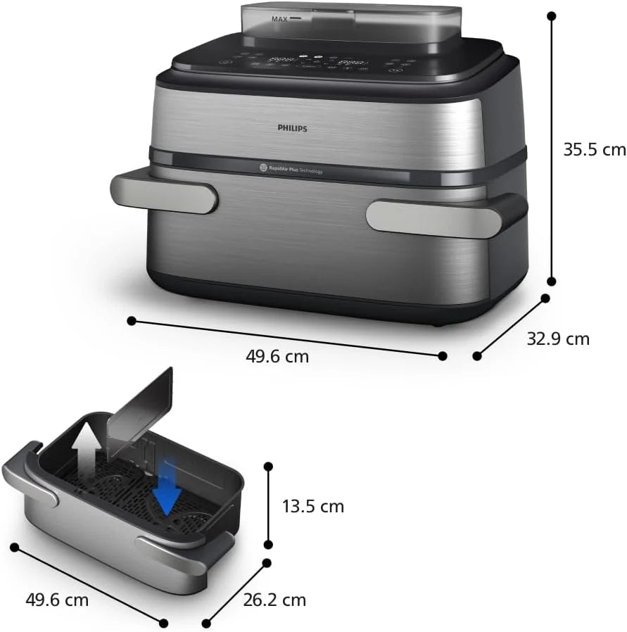 Philips Airfryer Ovi serii 5000 Megabasket z parą - Steamfry, Gotowanie na parze i Airfry, 28 metod gotowania; 9,5 l w Megabasket lub 3 l + 6 l w podwójnym koszu, RapidAir, czyszczenie parą (NA565/00)