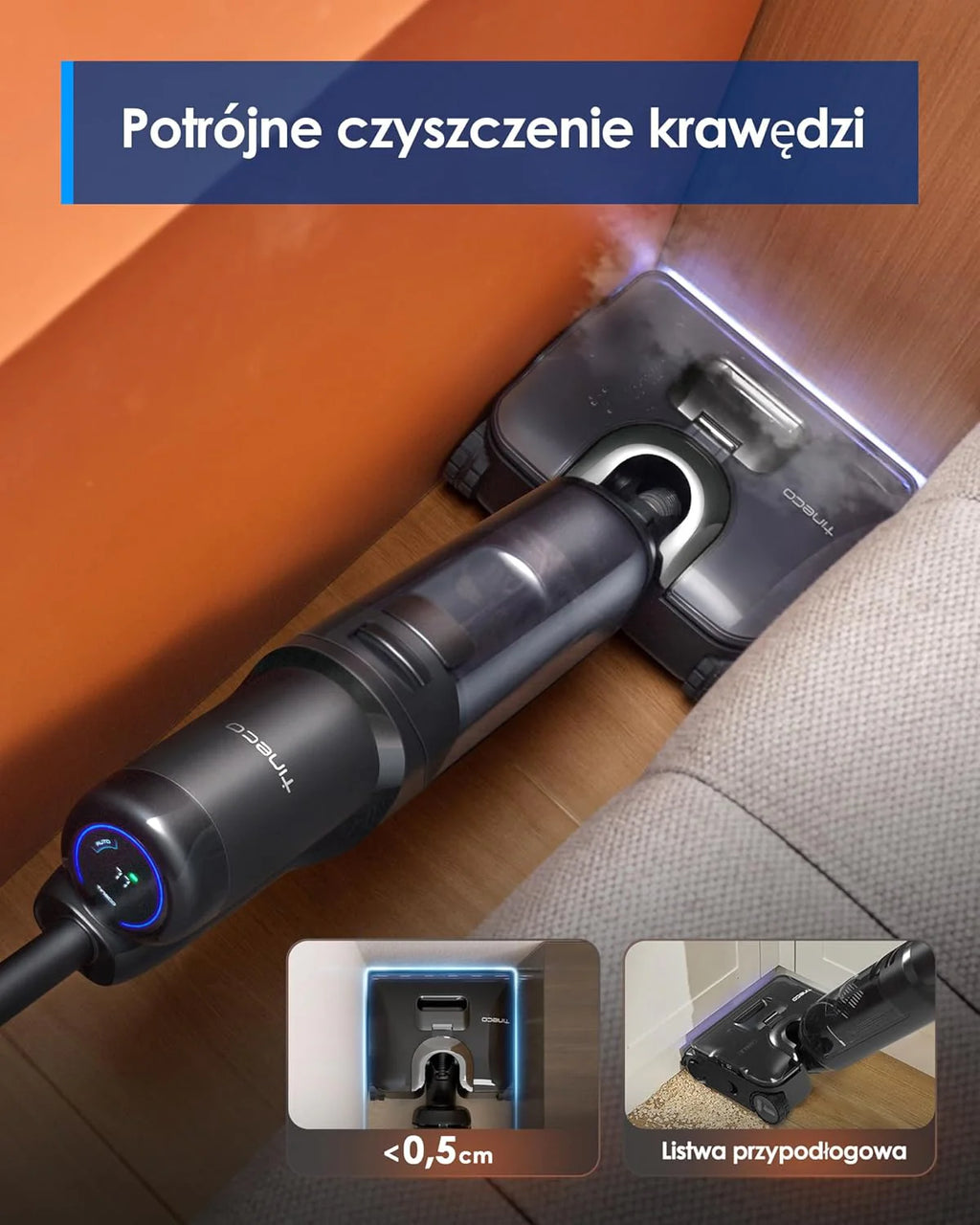 Tineco Floor ONE S7 Stretch Ultra Bezprzewodowy Odkurzacze na sucho i mokro, zapobiegająca splątaniu 180°, czas pracy 50 minut, samooczyszczanie Flashdry 85℃, dwustronne czyszczenie krawędzi
