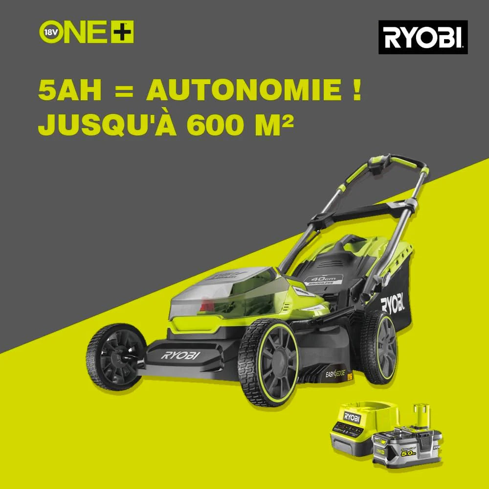 Ryobi Kosiarka 18 V, ‎RY18LMX40A-150, Silnik Bezszczotkowy, Szerokość Koszenia 40 cm, Regulacja Wysokości Koszenia, min. 25 mm, maks. 70 mm, Funkcja Mulczowania, Teleskopowa Rękojeść