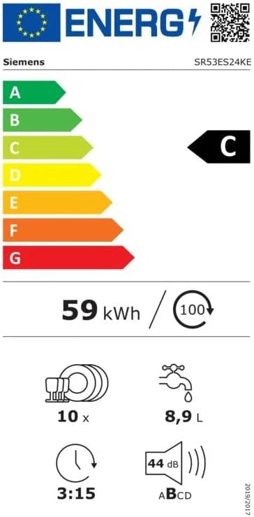 Siemens SR53HS74KE, iQ300, inteligentna, częściowo zintegrowana zmywarka, 45 cm, program Eco 50°C, varioSpeed Plus, kosz górny z regulacją wysokości, rackmatik, zabezpieczenie przed dziećmi