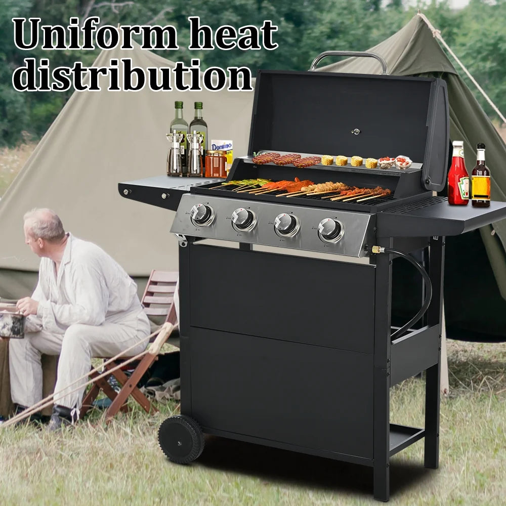 Grill gazowy SEGMART 2026 ze stali nierdzewnej z 4 palnikami – 34 200 BTU, do ogrodu/na taras z dwiema składanymi półkami i termometrem, idealny na kemping i do gotowania na świeżym powietrzu