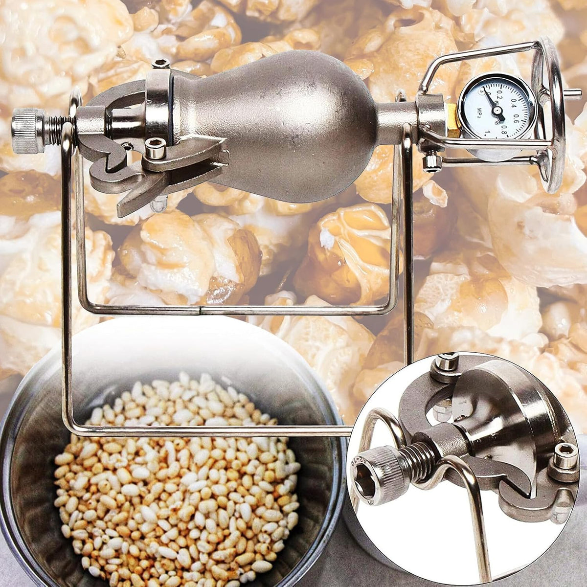 maszyna do popcornu, Maszyna do popcornu ze stali nierdzewnej - ręczna stara chińska tradycyjna maszyna do popcornu, z manometrem, powolne nagrzewanie, do użytku domowego(260ML)