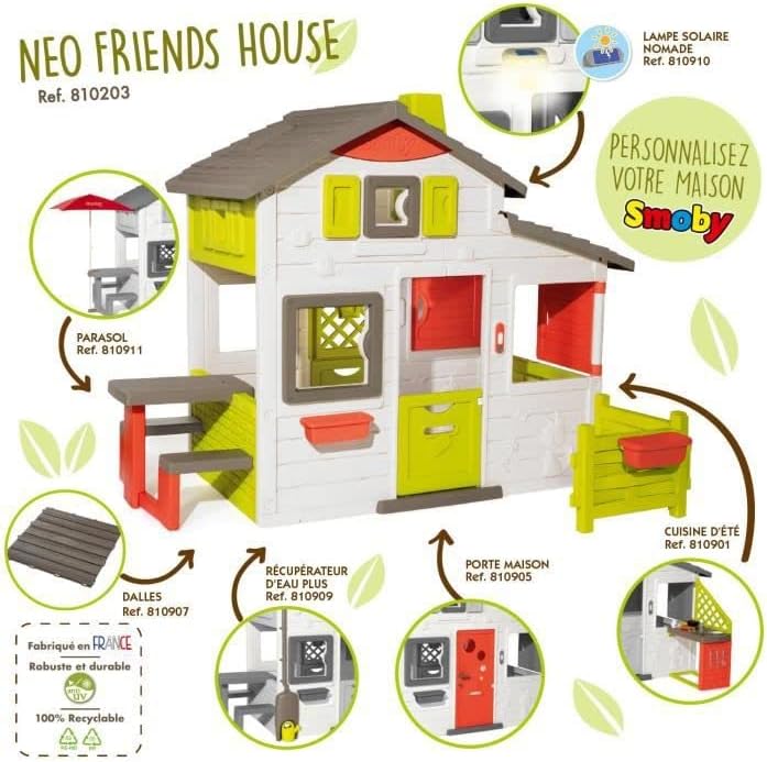 Smoby Life – domek zabaw Friends House EVO z 2 drzwiami, 6 oknami i wyjmowanym stołem piknikowym – wykonany z materiałów pochodzących z recyklingu, z ochroną UV, dla dzieci w wieku od 3 lat (7600810208)