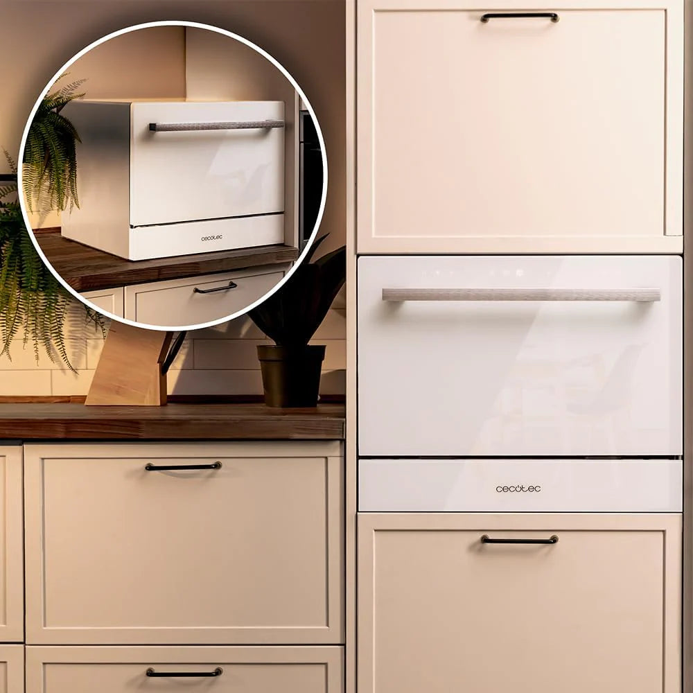 Cecotec Kompaktowa zmywarka 6 sztućców Bolero Aguazero 2400 White Glass. 1380W, białe szkło wykończone, 5 programów, panel dotykowy sterowania, programowalny do 24 h, blokada Child Lock i kosz na