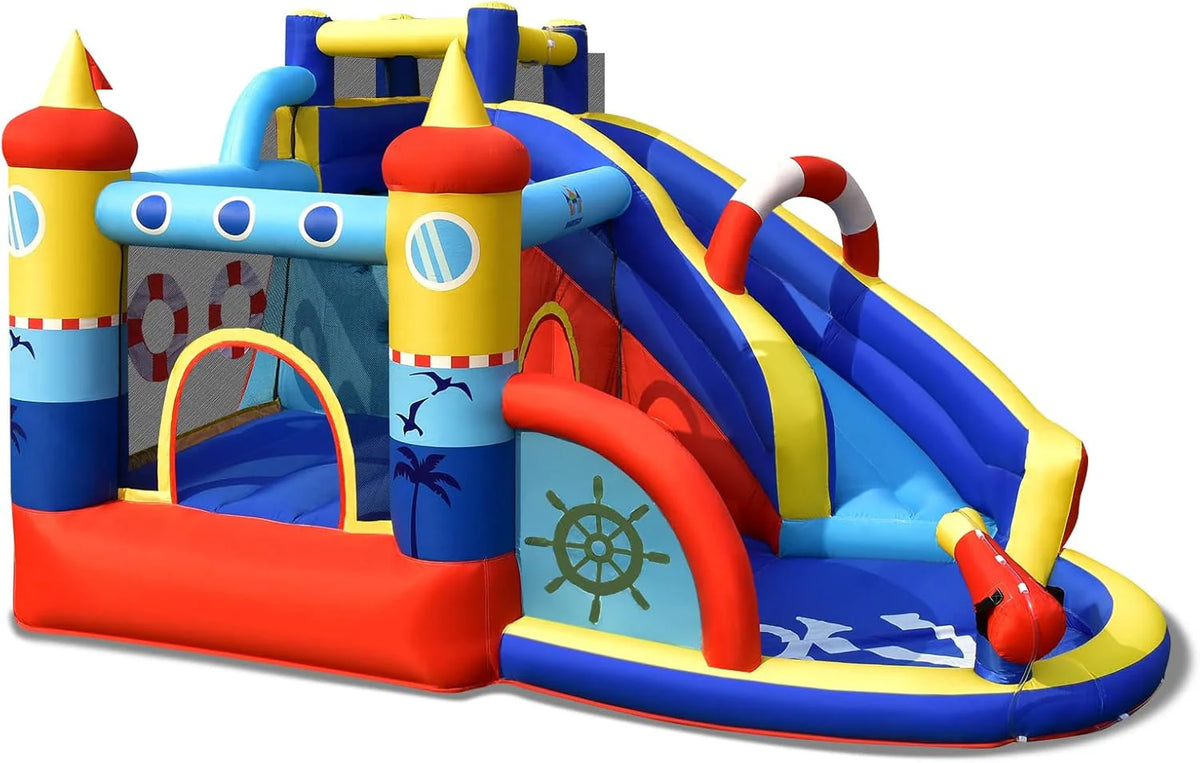 COSTWAY Nadmuchiwany zamek dmuchany z dmuchawą 550 W, park wodny 6 w 1 ze zjeżdżalnią i brodzikiem, do użytku na zewnątrz dla dzieci, do ogrodu, 360 x 290 x 200 cm