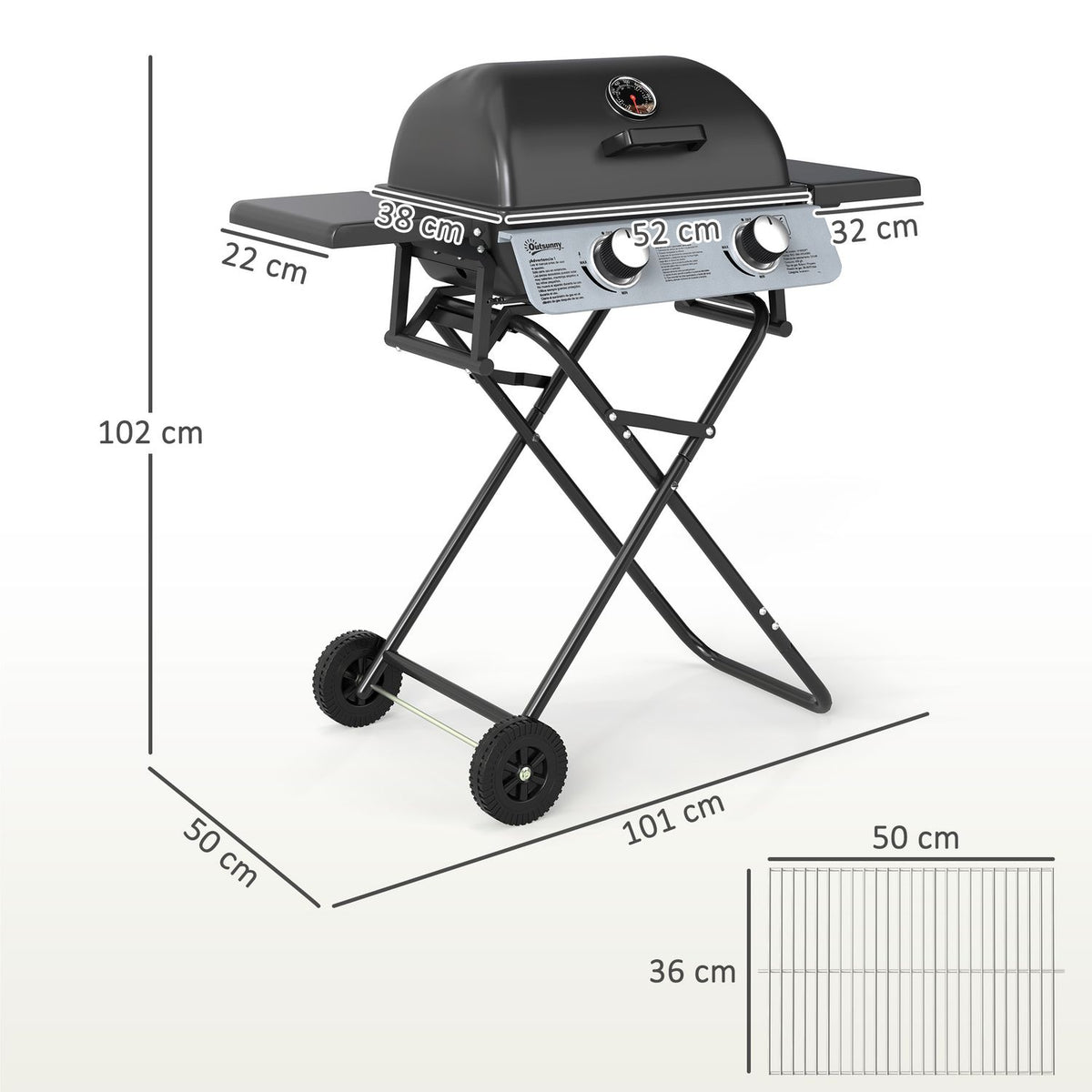 Grill gazowy Outsunny ABS ze stali nierdzewnej - 101 x 50 x 102 cm. Czarny