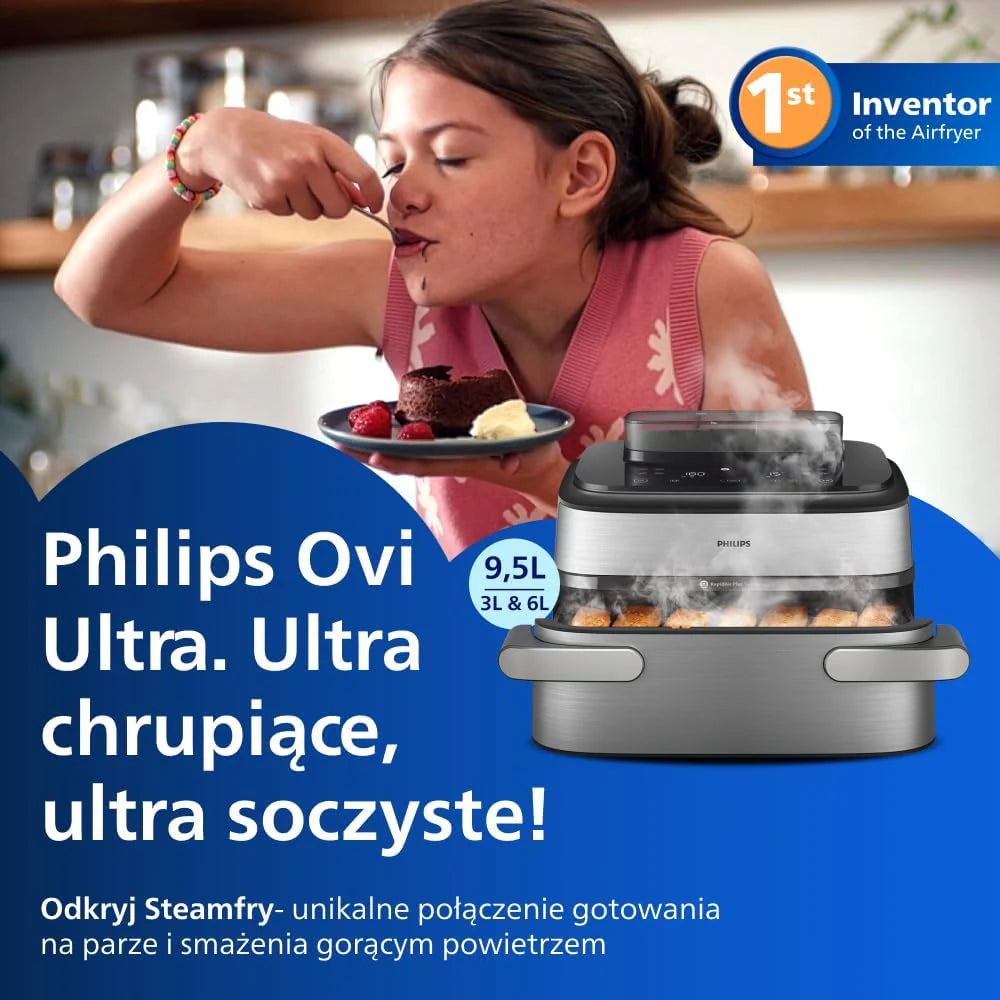Philips Airfryer Ovi serii 5000 Megabasket z parą - Steamfry, Gotowanie na parze i Airfry, 28 metod gotowania; 9,5 l w Megabasket lub 3 l + 6 l w podwójnym koszu, RapidAir, czyszczenie parą (NA565/00)