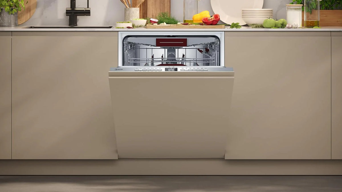 Neff S255ECX15E, N 50, inteligentna zmywarka XXL, w pełni zintegrowana, 60 cm, zmywarka do naczyń, wyprodukowano w Niemczech, szuflada na sztućce, otwarta sucha, intensywne czyszczenie Chef 70ºC