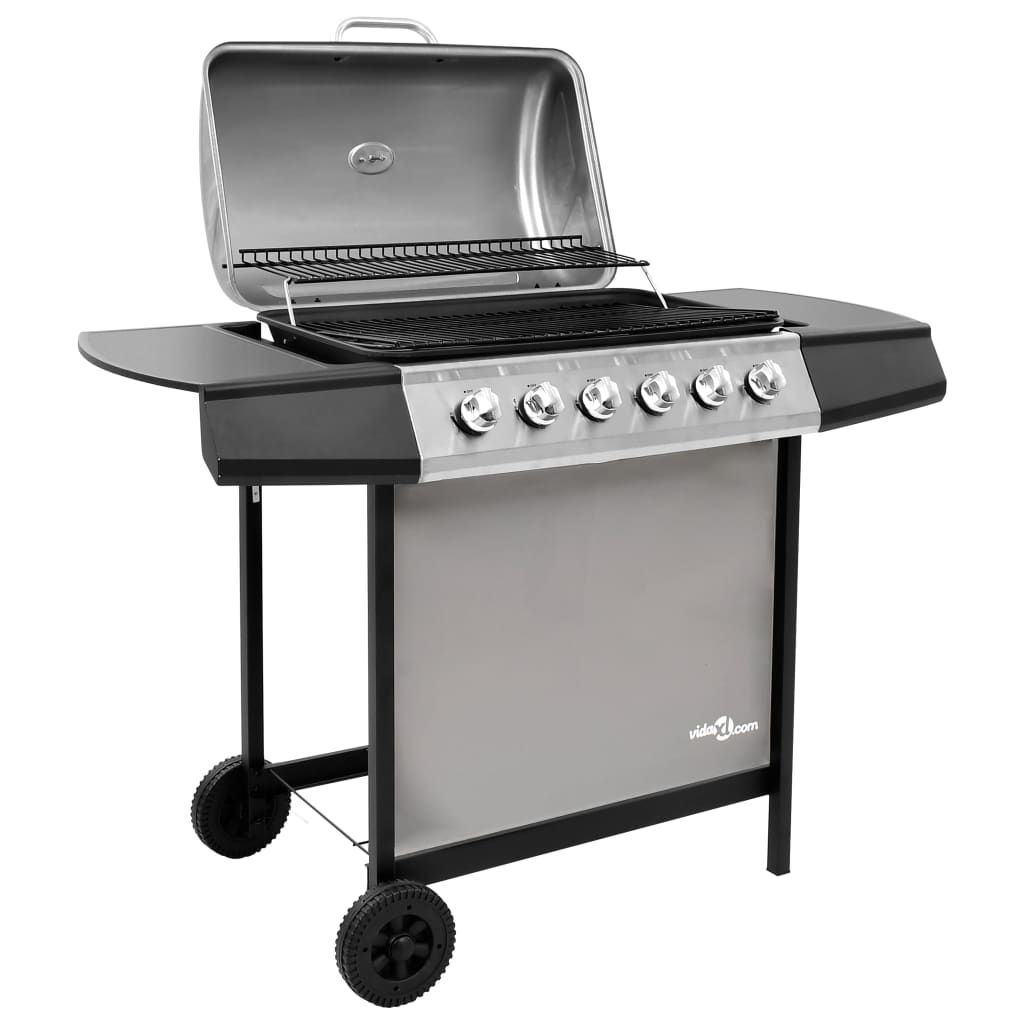 Grill gazowy VidaXL z 6 palnikami, czarno-srebrny